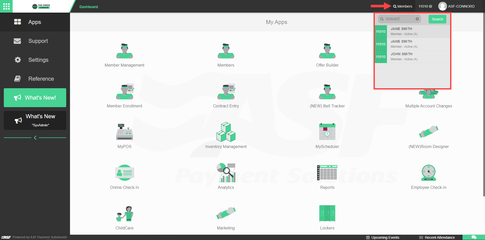 Quick Member Search tool in the My Club Business header used to locate a member account.