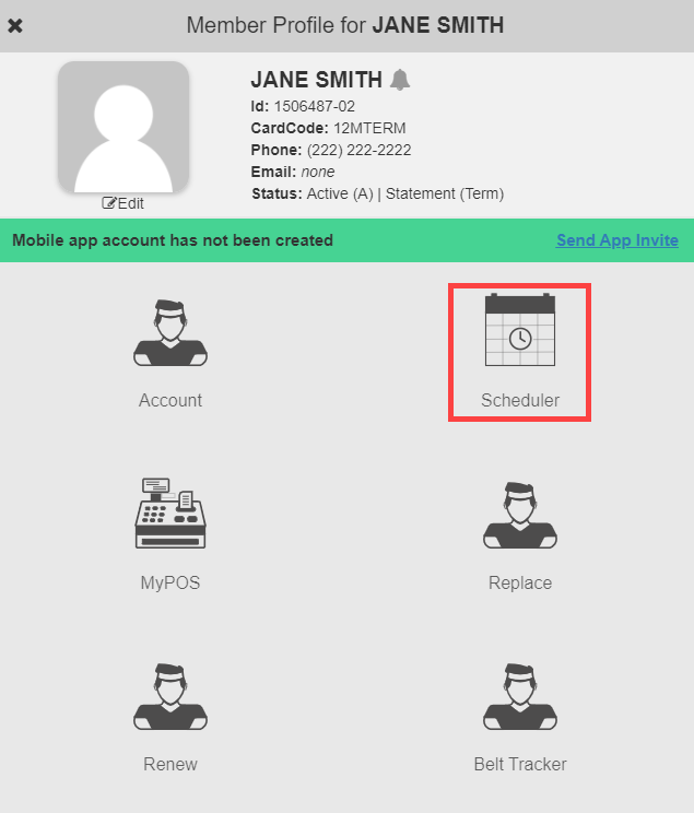 Scheduler section of the member record with the Member PIN option visible in the menu.