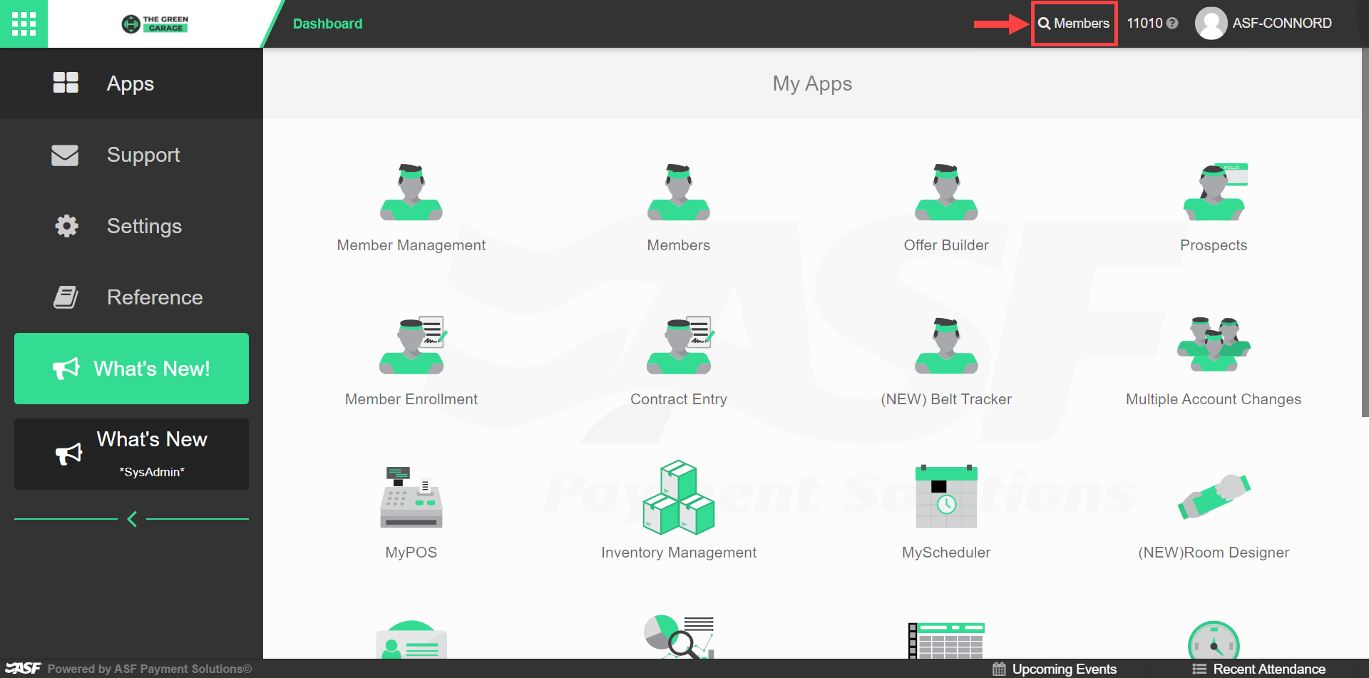 My Club Business top navigation with the Quick Member Search icon highlighted in the top right corner.