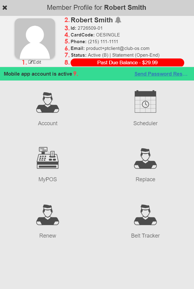 Member Profile panel with the member name, account ID, card code, phone, email, status, and past-due balance labeled.