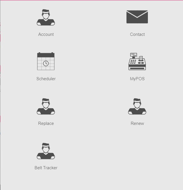 Apps section of the Member Profile panel listing Account, Contact, Scheduler, MyPOS, Replace, Renew, and Belt Tracker actions.