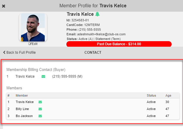 Contact option in the Member Profile panel showing the envelope icon and billing-contact details.