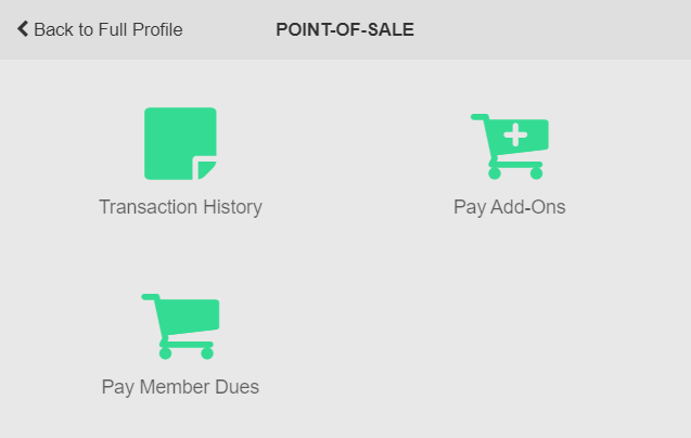 MyPOS option in the Member Profile panel showing transaction history, returns, and payment actions.