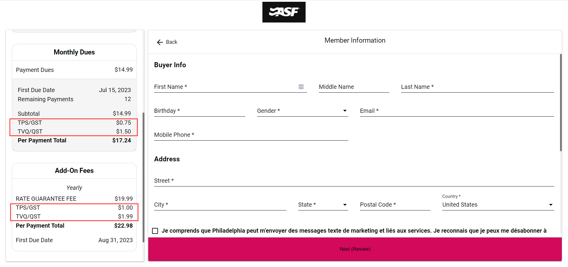 Online Join Due Today section showing individual GST and QST tax line items calculated on the enrollment subtotal