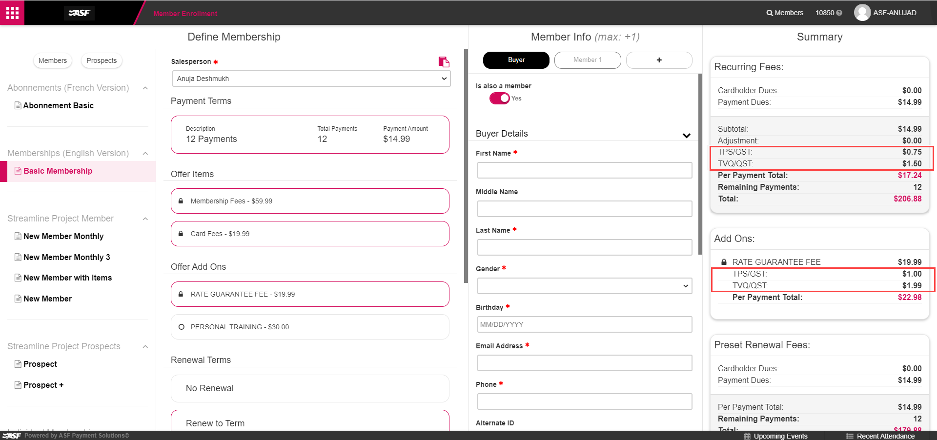 In-club enrollment Fees Due at Sign Up section showing tax level breakout lines below the subtotal