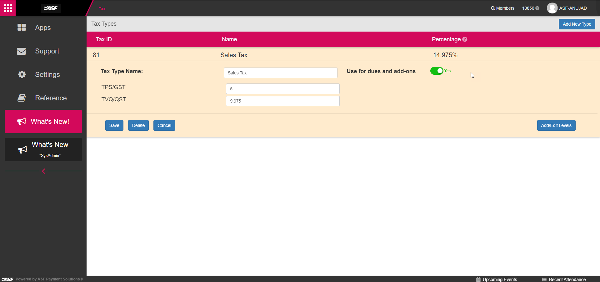 Membership contract Fees Collected At Signup section showing subtotal, tax level lines, and Total Collected