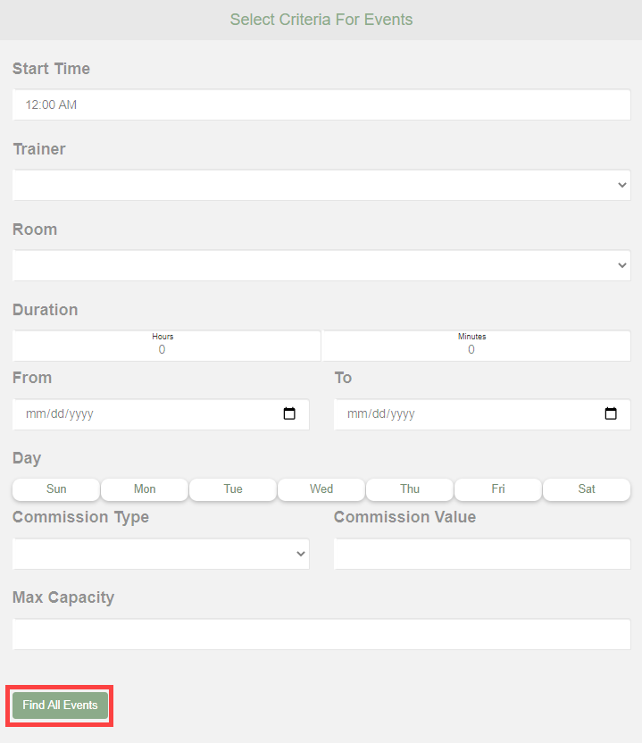 Find All Events results panel showing a list of matching scheduled events with checkboxes.