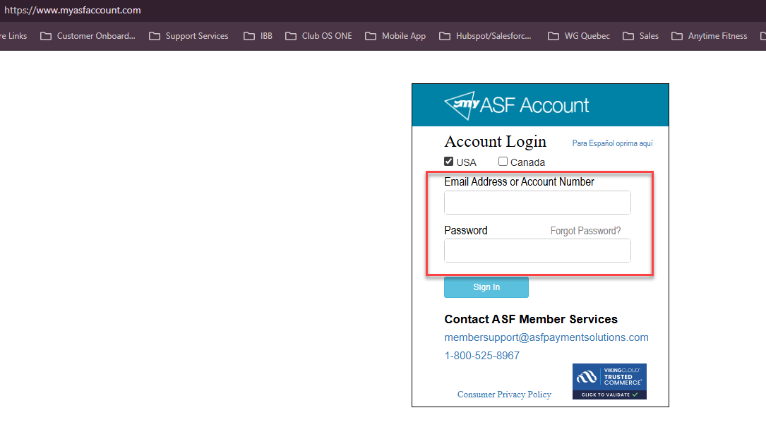 MyASFAccount sign-in page showing the email or account number field and password field with a Forgot Password link below
