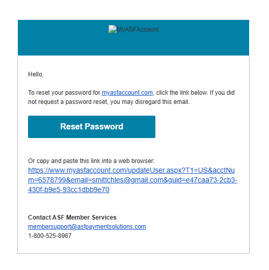 MyASFAccount login error message displayed when credentials cannot be verified, with a link to contact support