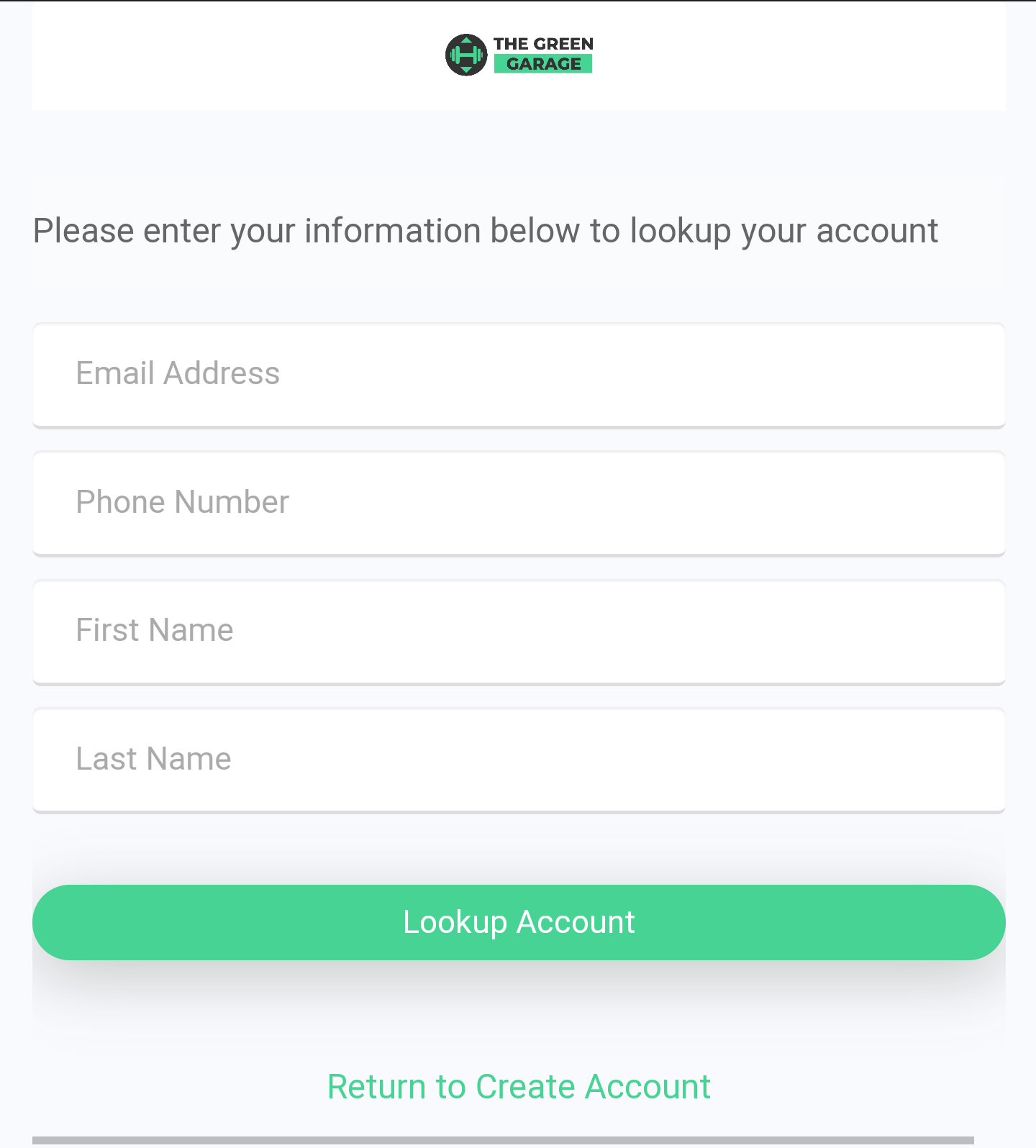 MyClubAccess account activation screen with fields for account number, first name, and last name and a Next button