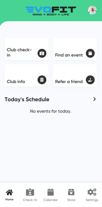 MyClubAccess home screen showing the main navigation menu and the member's upcoming schedule for the day