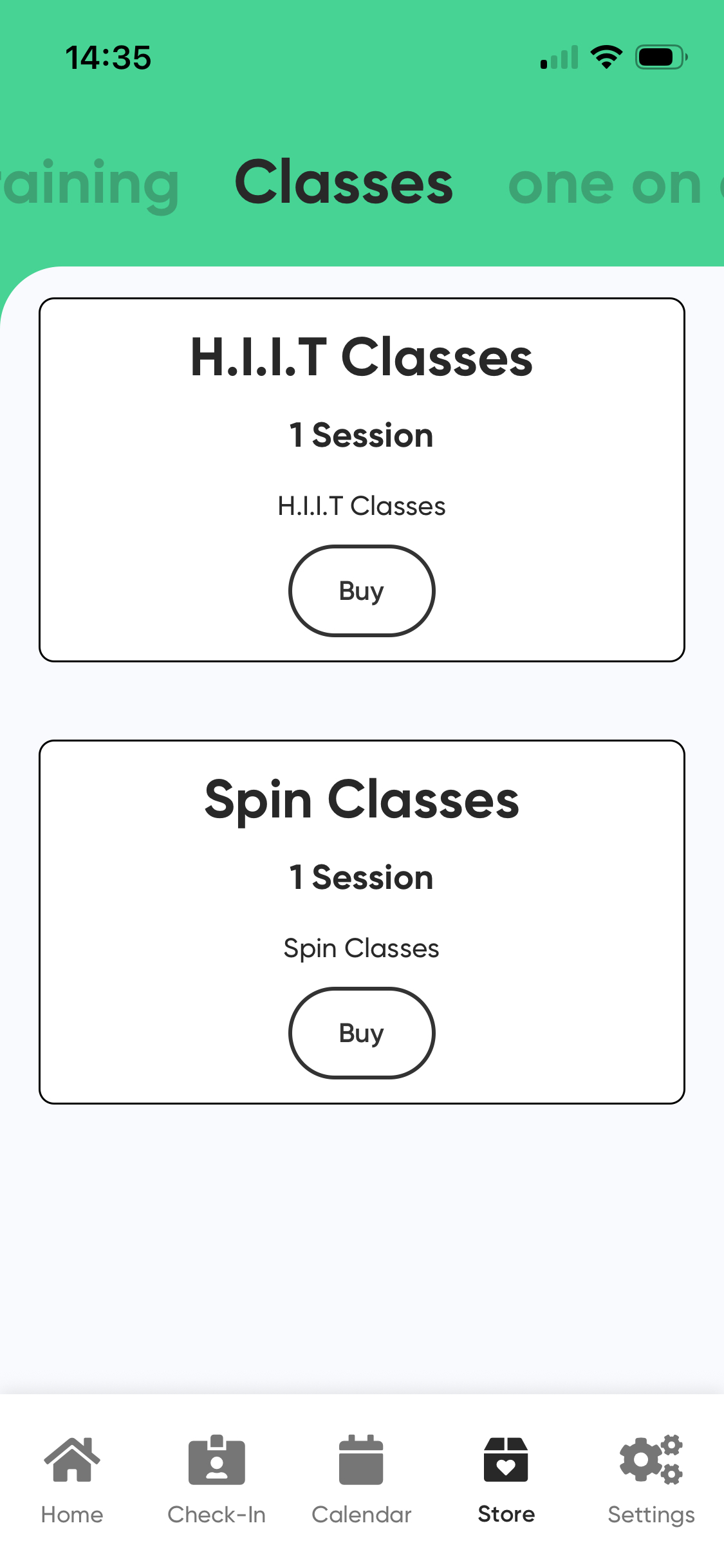 MyClubAccess class listing screen showing available classes with time, instructor, and a Book button for each entry