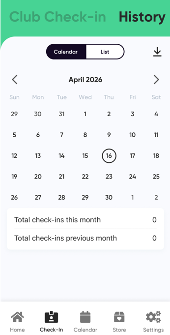 MyClubAccess activity history screen listing past gym visits and class bookings with dates and times
