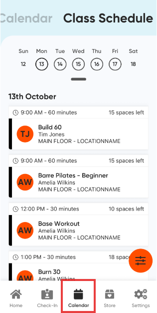 MyClubAccess calendar view showing a monthly grid with events marked on available dates and a daily view toggle at the top