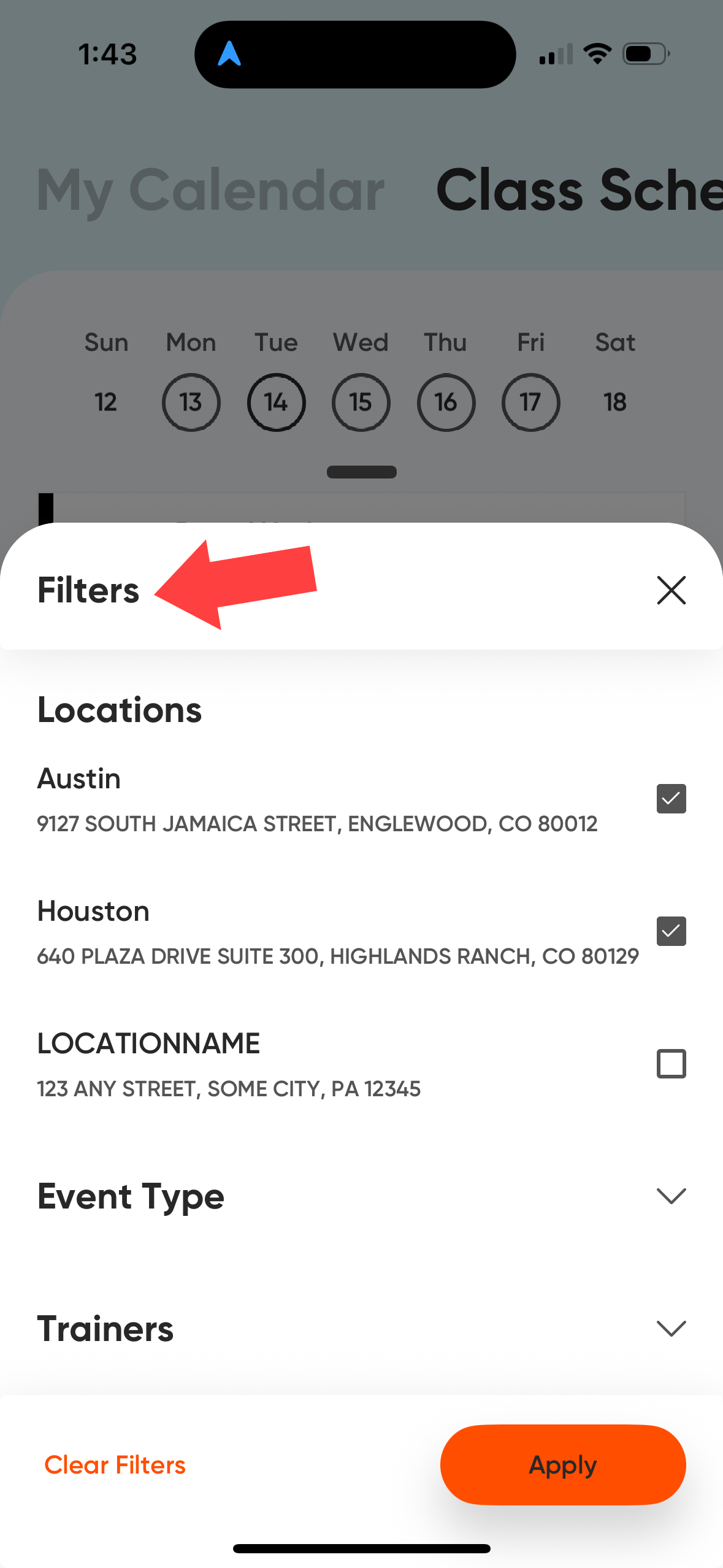 MyClubAccess event list for a selected day showing event names, times, and a Filter icon in the upper right corner