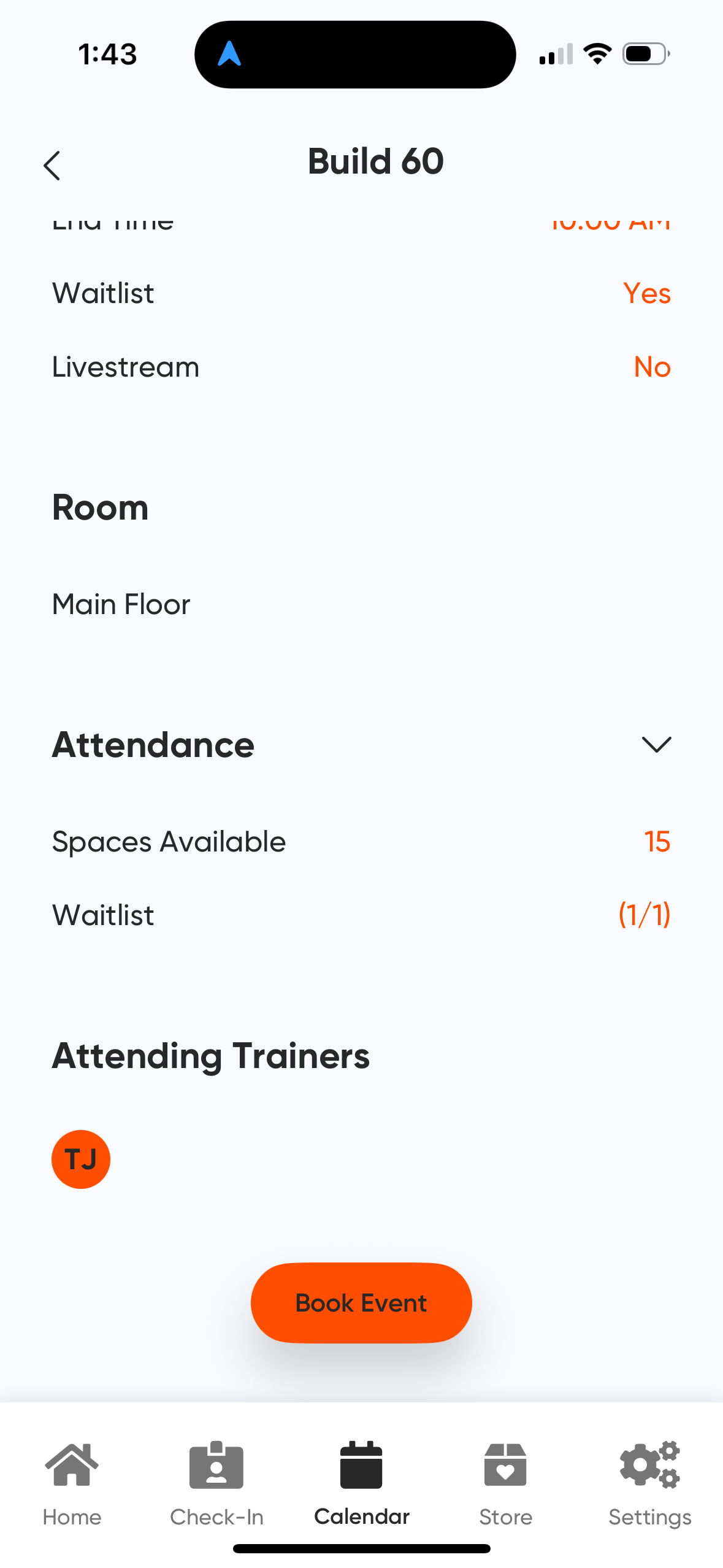 MyClubAccess event detail screen scrolled to the bottom showing the Book Event button and available session options