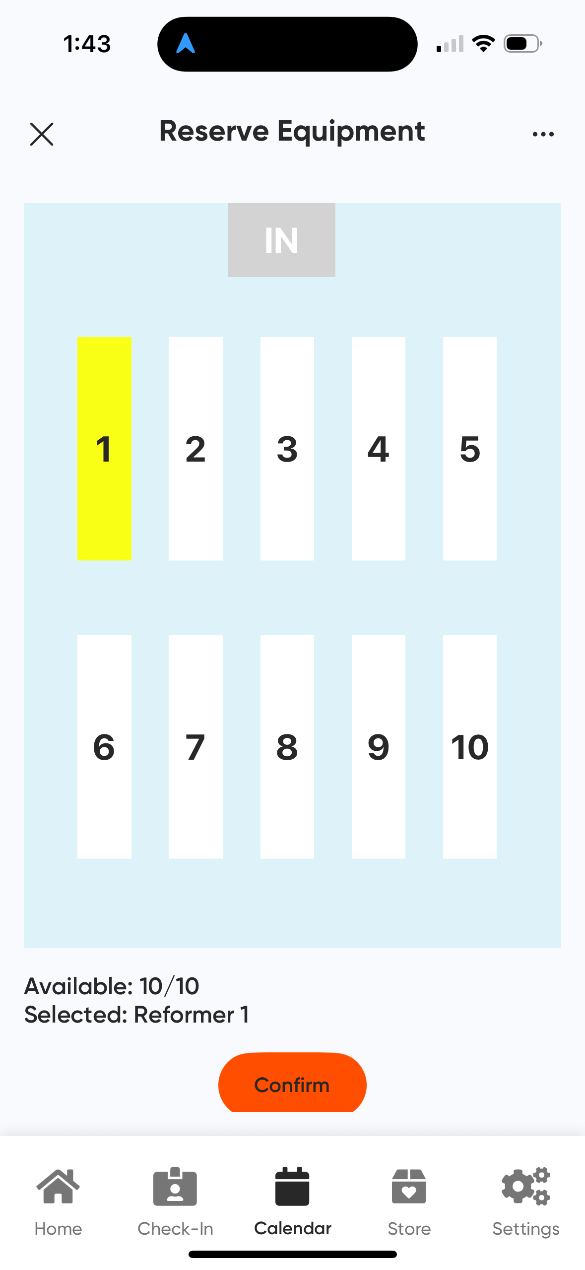 MyClubAccess equipment reservation screen showing a grid of available and taken equipment slots with a Confirm button