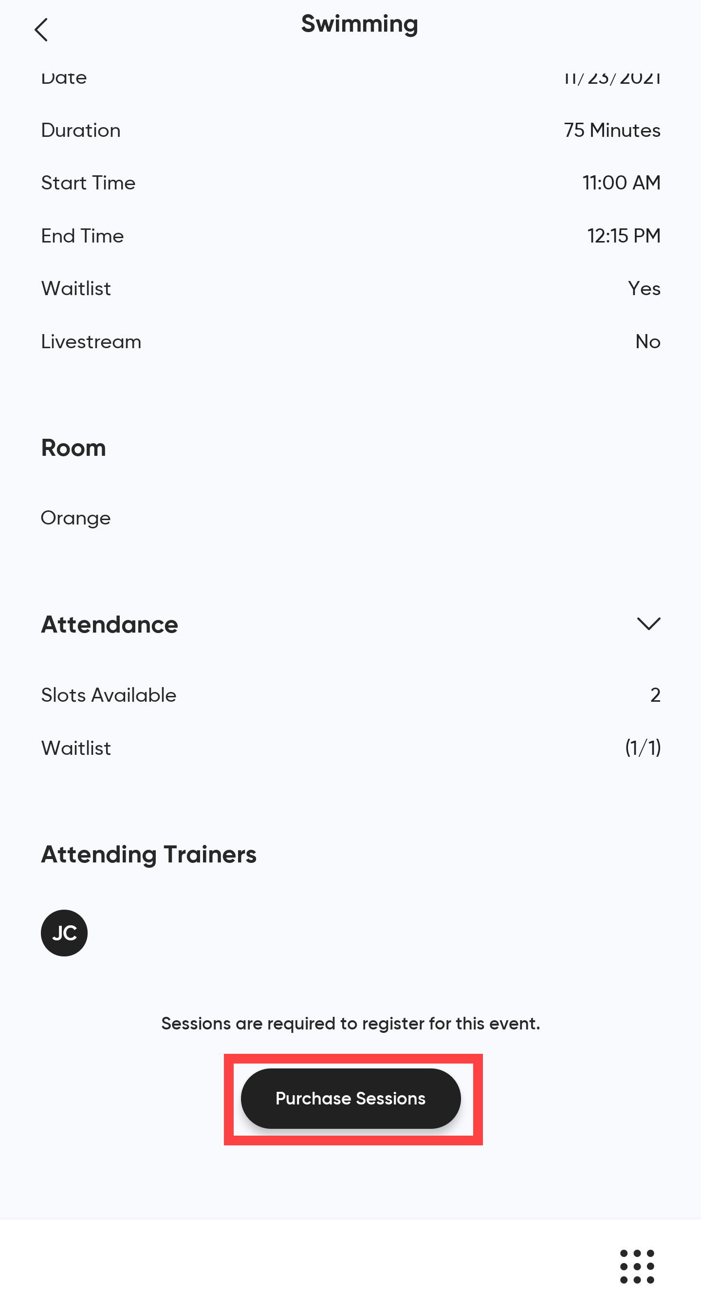 MyClubAccess event detail screen showing the Purchase Sessions button at the bottom below the event description