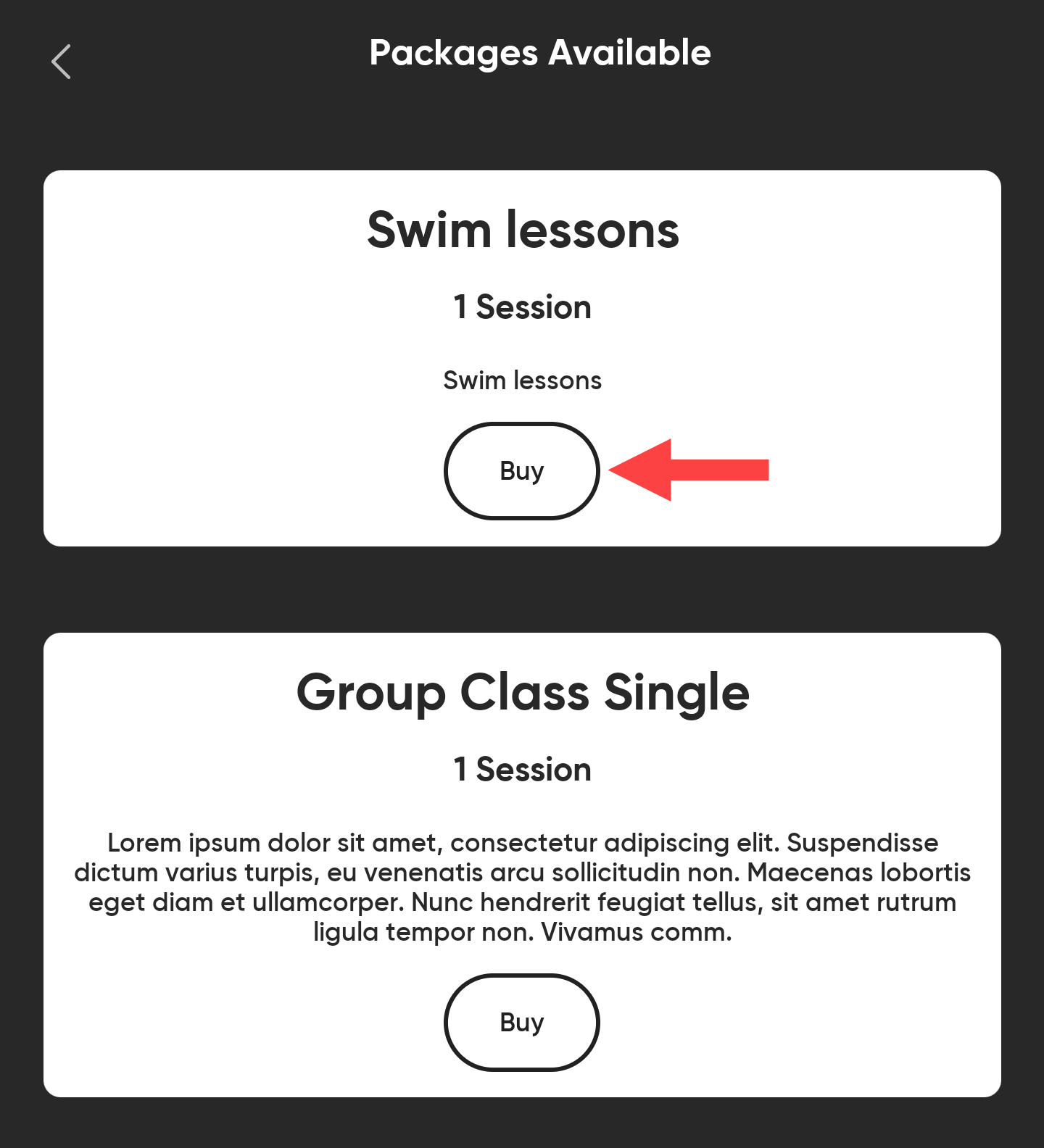 MyClubAccess session purchase screen listing available session packs with a price and Buy button for each option