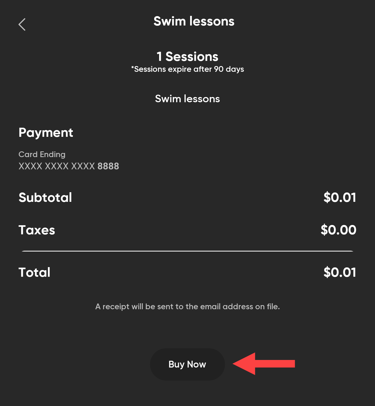 MyClubAccess purchase confirmation screen showing session pack details, total cost, and a Buy Now button