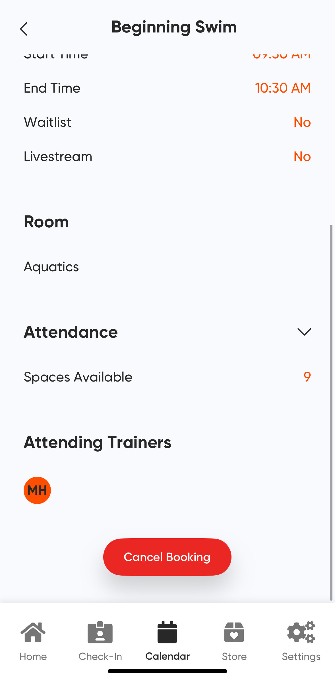 MyClubAccess event detail screen scrolled to show the Cancel Booking button at the bottom of a registered event