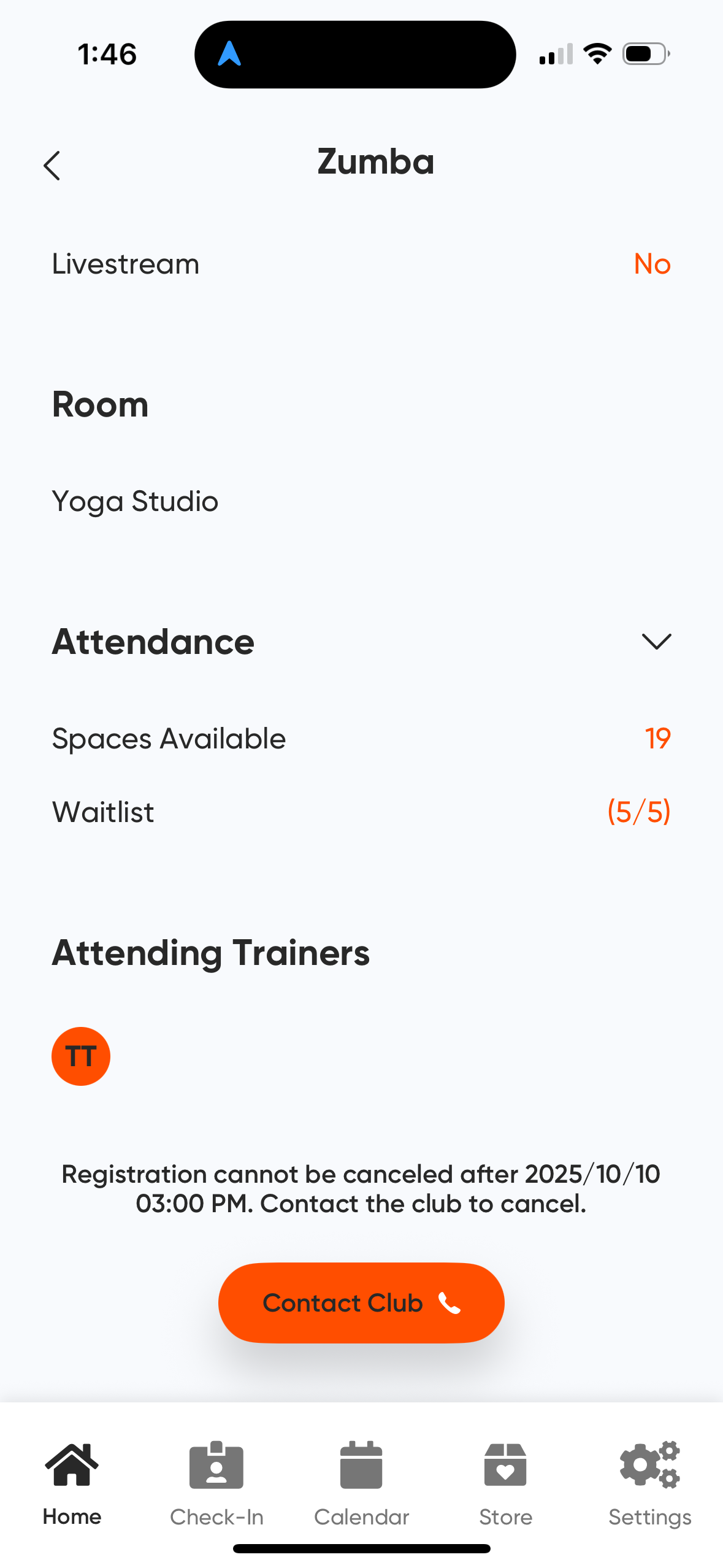 MyClubAccess cancellation confirmation screen asking you to confirm you want to cancel your booking for the selected event