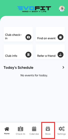 MyClubAccess Store screen showing category tabs at the top and a list of available session packs with prices