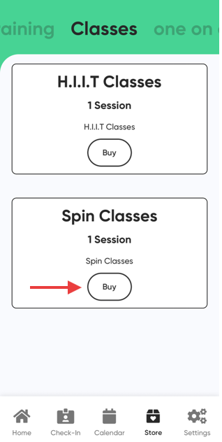 MyClubAccess Store detail screen for a selected session pack showing description, quantity, and a Buy button