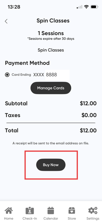 MyClubAccess checkout screen showing a saved card on file and a Manage Cards option to add or change payment methods