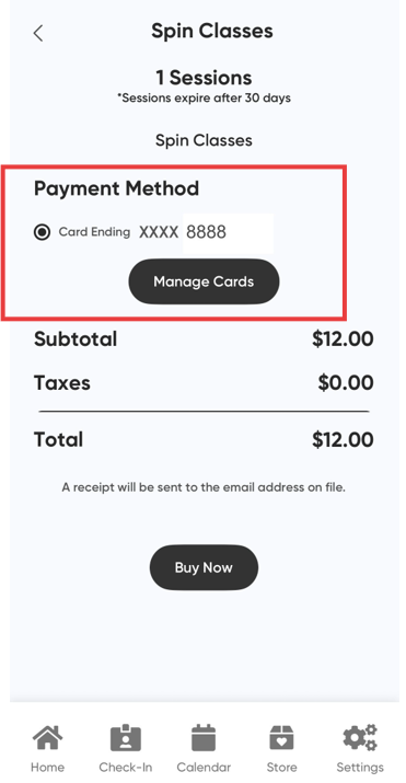 MyClubAccess Available Sessions screen showing remaining session counts and expiration dates for each purchased pack