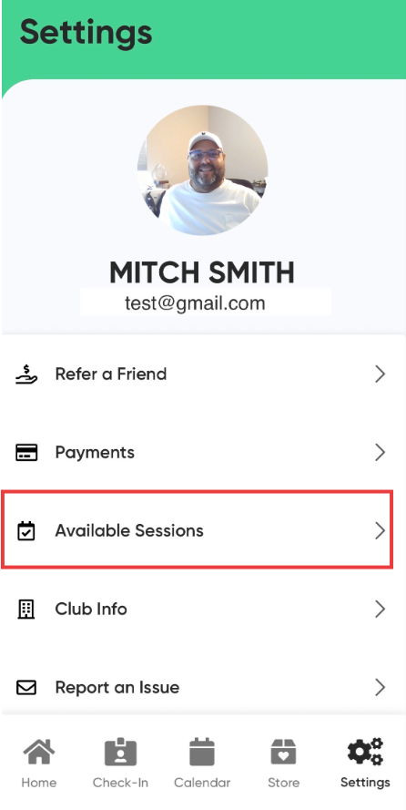 MyClubAccess Settings menu with Available Sessions highlighted and other account options listed below