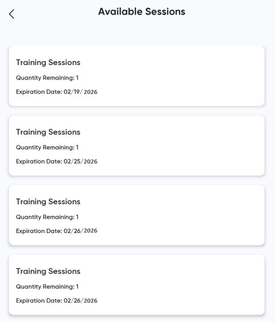 MyClubAccess desktop view of the Available Sessions page showing session pack names, remaining count, and expiration information
