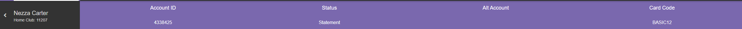 Header bar of a Member Management account showing the member name, Account ID, Status, Alt Account, and Card Code fields.