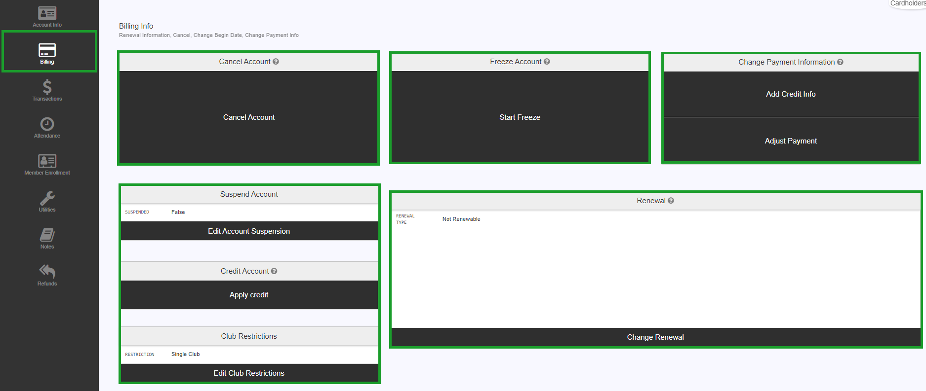 Billing section of an account screen with controls for cancelling, freezing, and editing payment information.