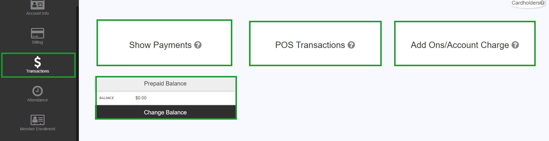 Transactions section listing recent transactions and add-ons on the member account.