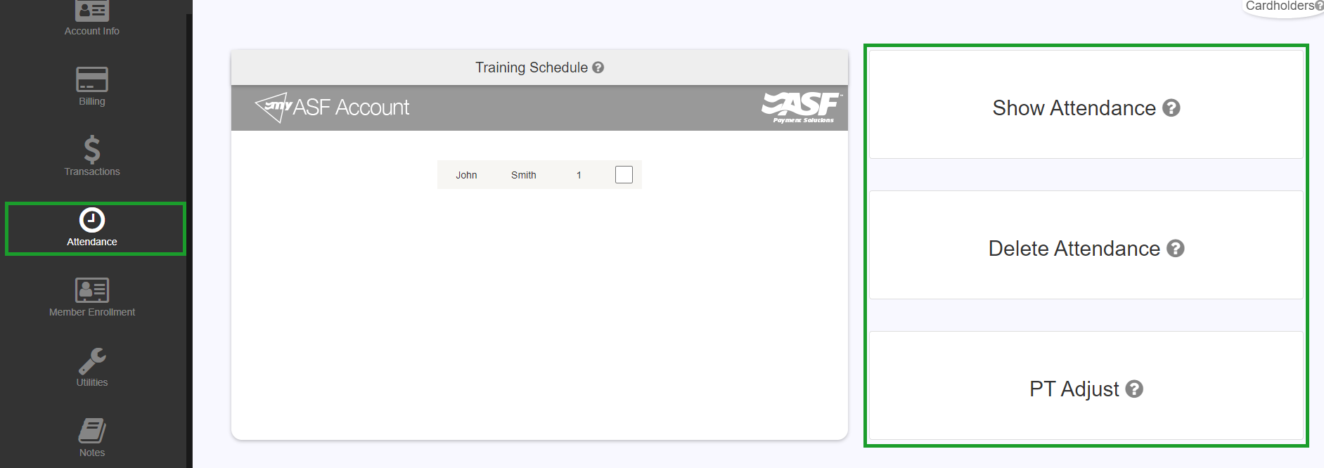 Attendance section of an account showing recorded check-ins and a delete control for individual records.