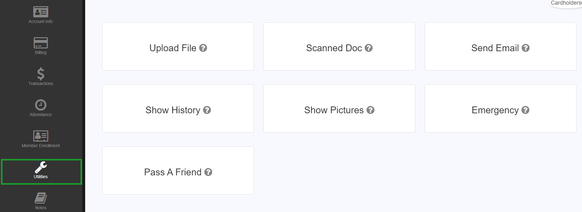 Utilities section listing smaller account actions like document upload and emergency contact edits.