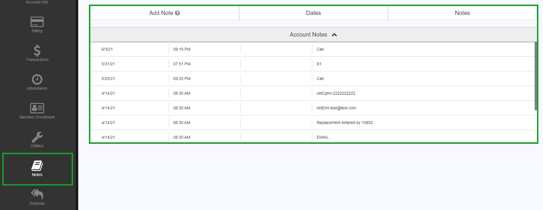 Notes section showing a chronological log of account changes and contact records.