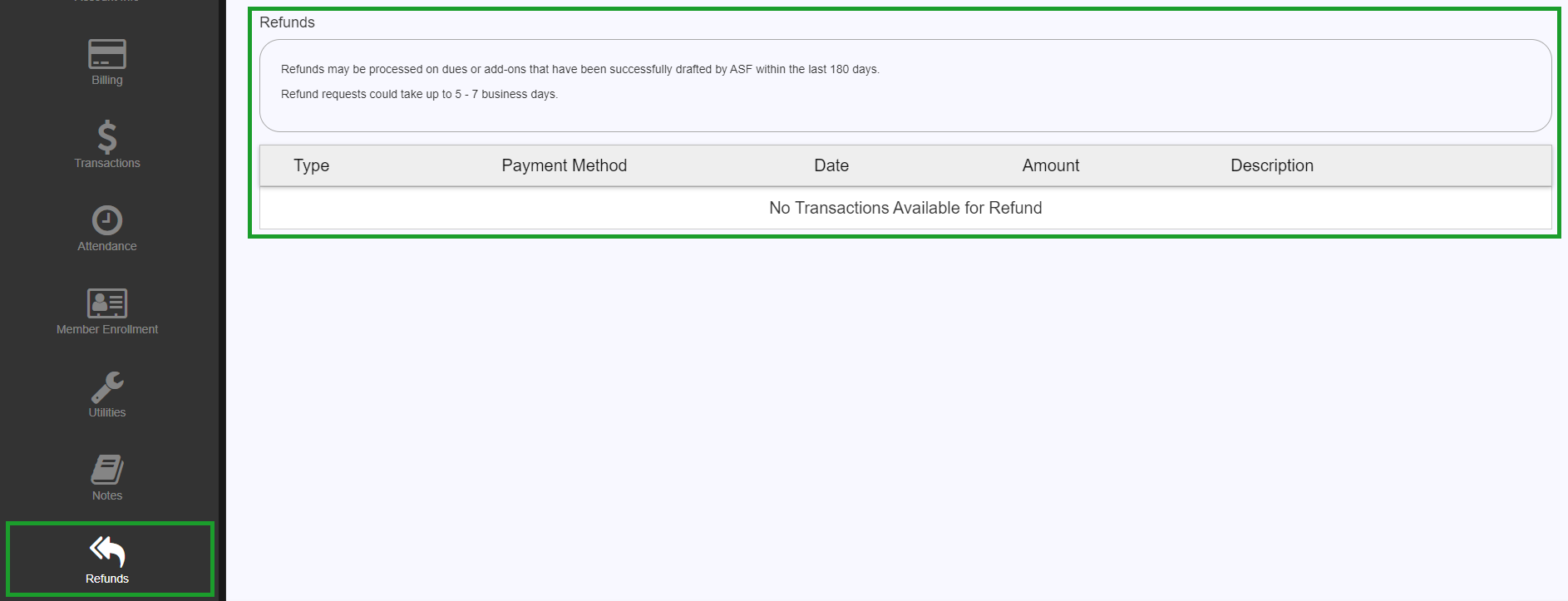Refunds section of an account with a control to request a refund on eligible payments.