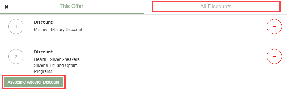 Manage Discounts panel inside an offer payment term showing the Associate Another Discount option and fields for start date, end date, discount type, and amount