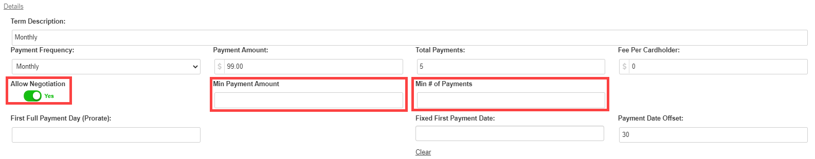 Payment Terms Details showing both Min Payment Amount and Min Number of Payments fields configured on a term membership offer with negotiation enabled