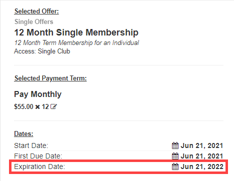 Summary section of Member Enrollment showing the calendar icon next to the expiration date field that authorized staff can use to adjust the contract end date