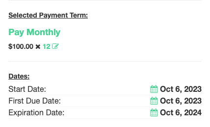 Standard offer billing setup showing first payment due on join date with no proration or offset applied