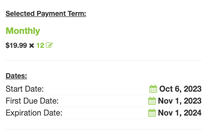 Aligned billing example with prorated dues showing a partial charge collected at sign-up and full billing beginning on the first of the following month