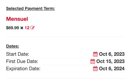 Calendar billing setup with no proration, showing first payment scheduled for the fixed billing date without a partial charge at sign-up