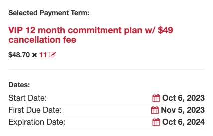 Payment date offset configuration showing membership starting on the join date with first dues payment delayed by 30 days to separate it from sign-up fees
