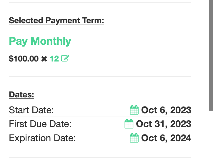 Fixed first payment date configuration showing a specific calendar date locked as the first billing date for a pre-sale or seasonal membership offer