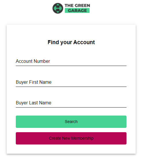 Online Member Renewal page where an existing member enters their account number and name to look up their renewal options without staff assistance