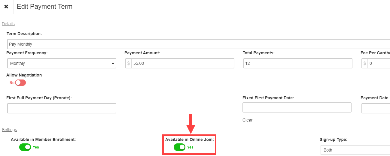 Payment Terms Settings in Offer Builder showing the Available in Online Join toggle set to Yes, enabling the payment term to appear on the member-facing Online Join page