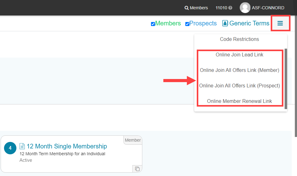 Offer Builder menu showing the list of Online Join link options including Lead Link, All Offers Member, All Offers Prospect, and Online Member Renewal